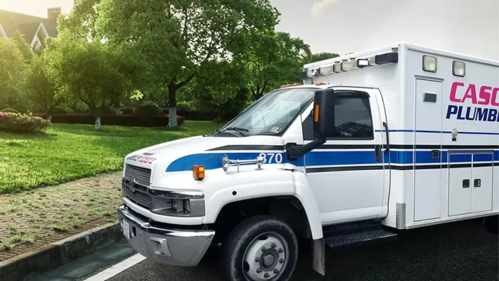 White truck with Casco Plumbing logo.